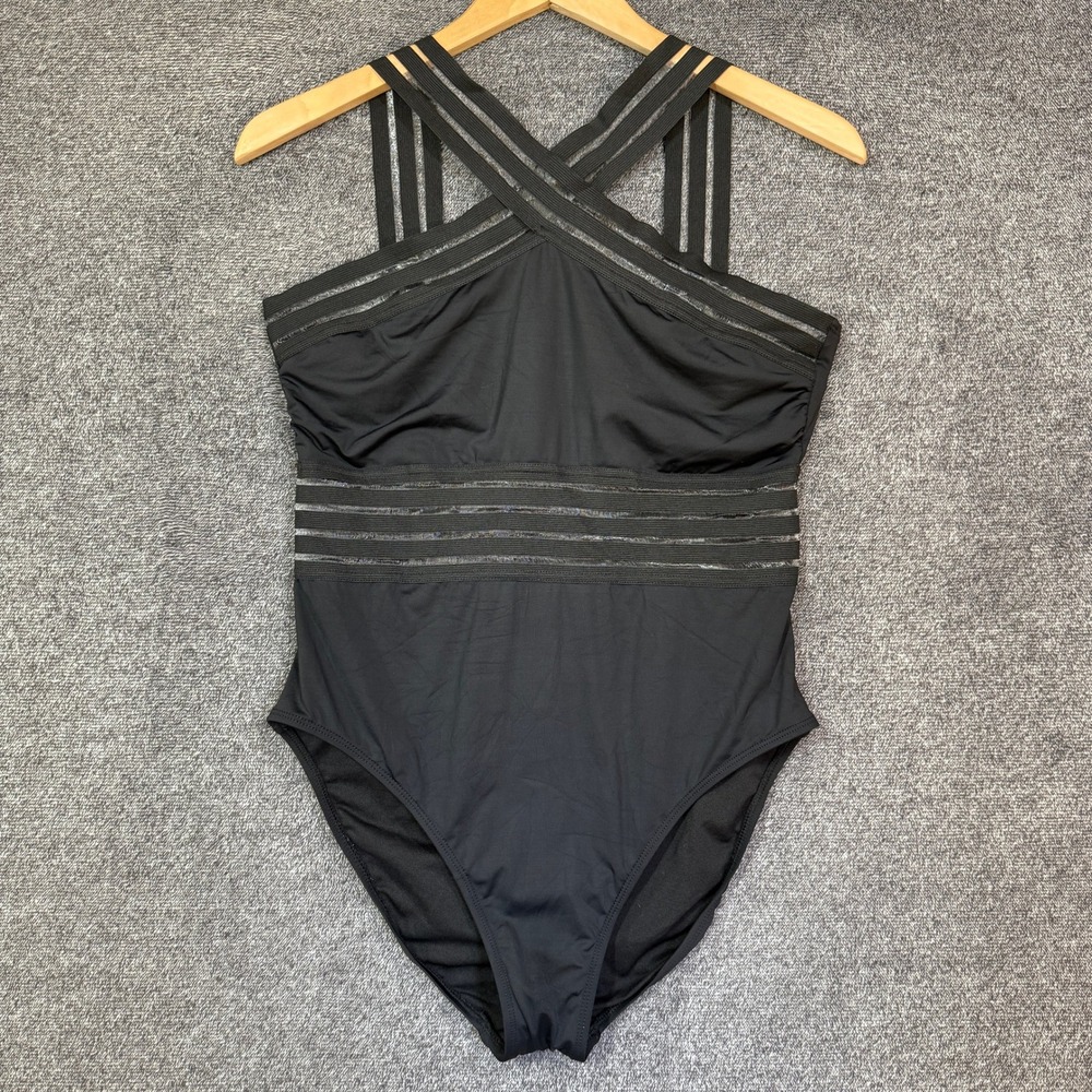 Hilor Swimsuit Womens L 10-12 Black Mesh‎ Stripe One Piece Crossover Halter Neck